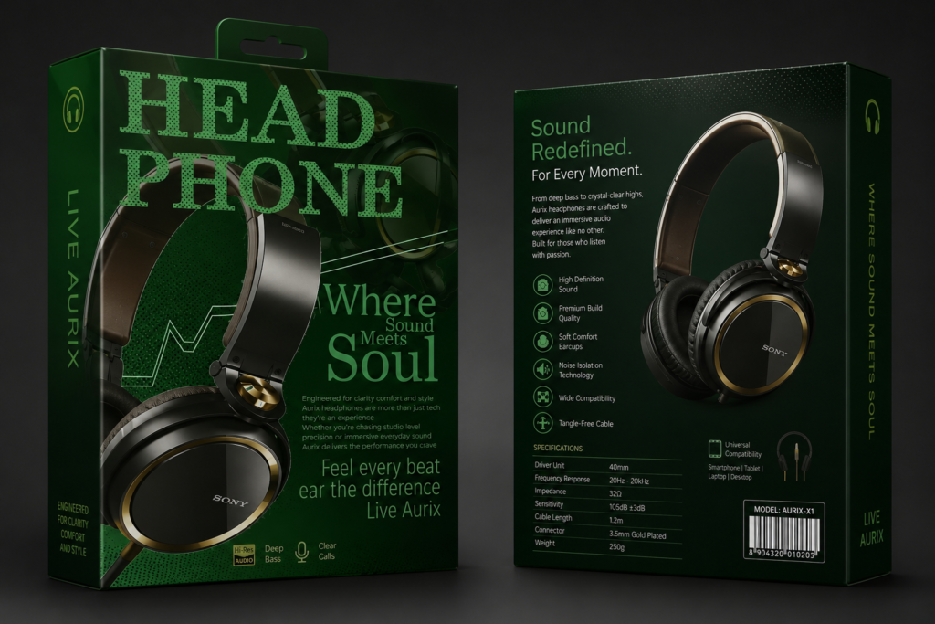Premium headphone packaging design mockup featuring front and back box branding.