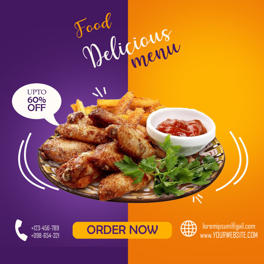 Creative social media post design promoting delicious food and restaurant offers.