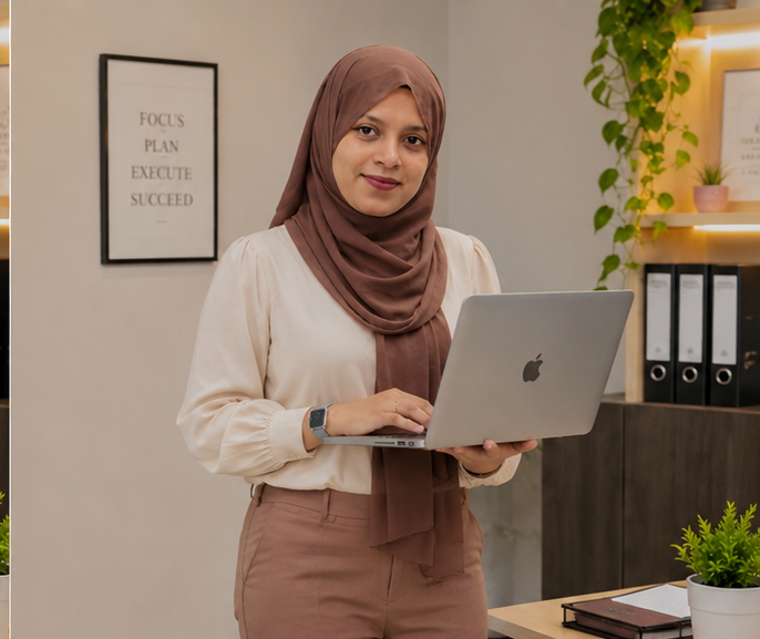 Content marketer working with a laptop in a professional workspace