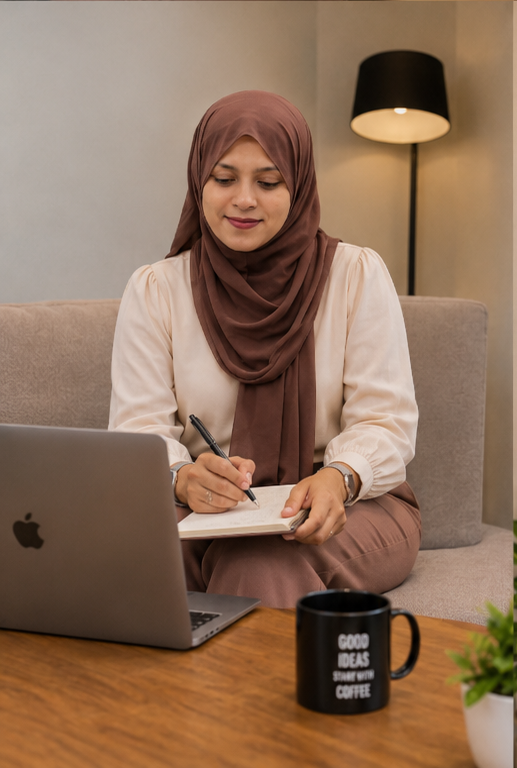 Professional digital marketer working on a laptop and taking notes in office