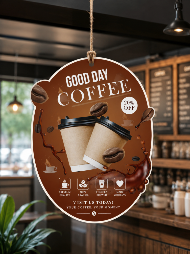 Coffee shop dangler mockup featuring modern branding and promotional design
