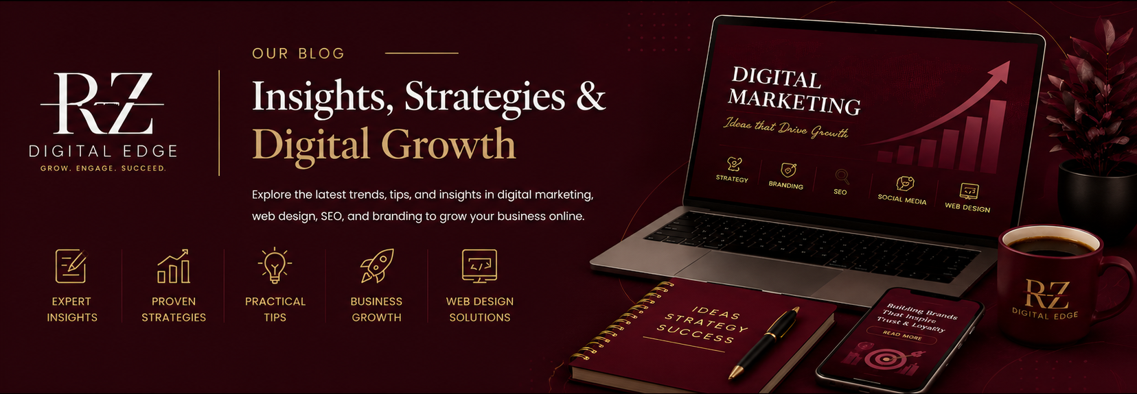 Digital marketing blog banner featuring SEO, web design, branding, and business growth strategies.