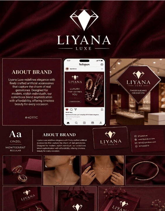 Luxury jewellery brand identity presentation for Liyana Luxe with elegant branding materials.