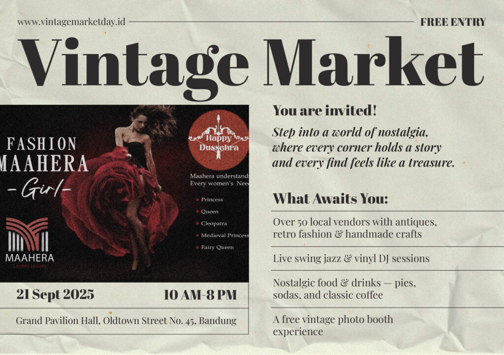 Vintage Market event poster with date, time, venue, and Fashion Maahera promotion.